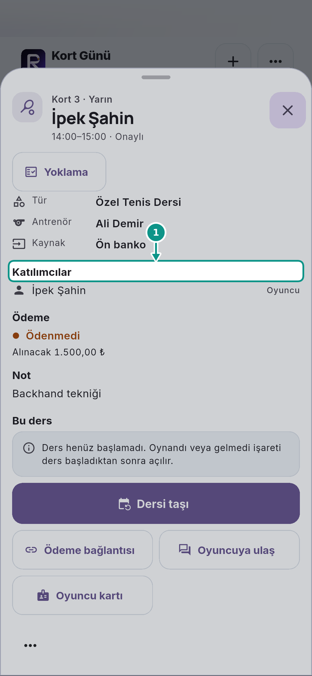 Rezervasyon detayında kaynak, katılım ve ödeme: Katılımcıları ayırın