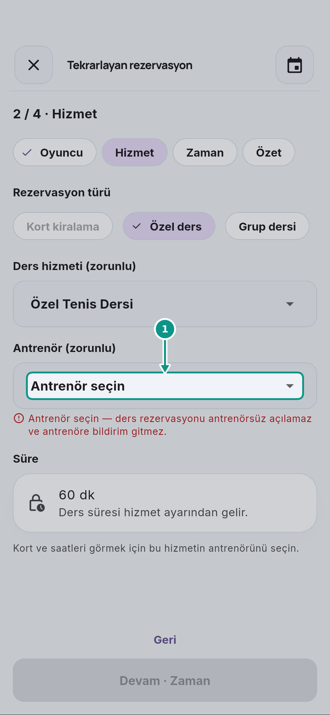 Haftalık özel ders serisi oluşturmak: Antrenör listesini açın