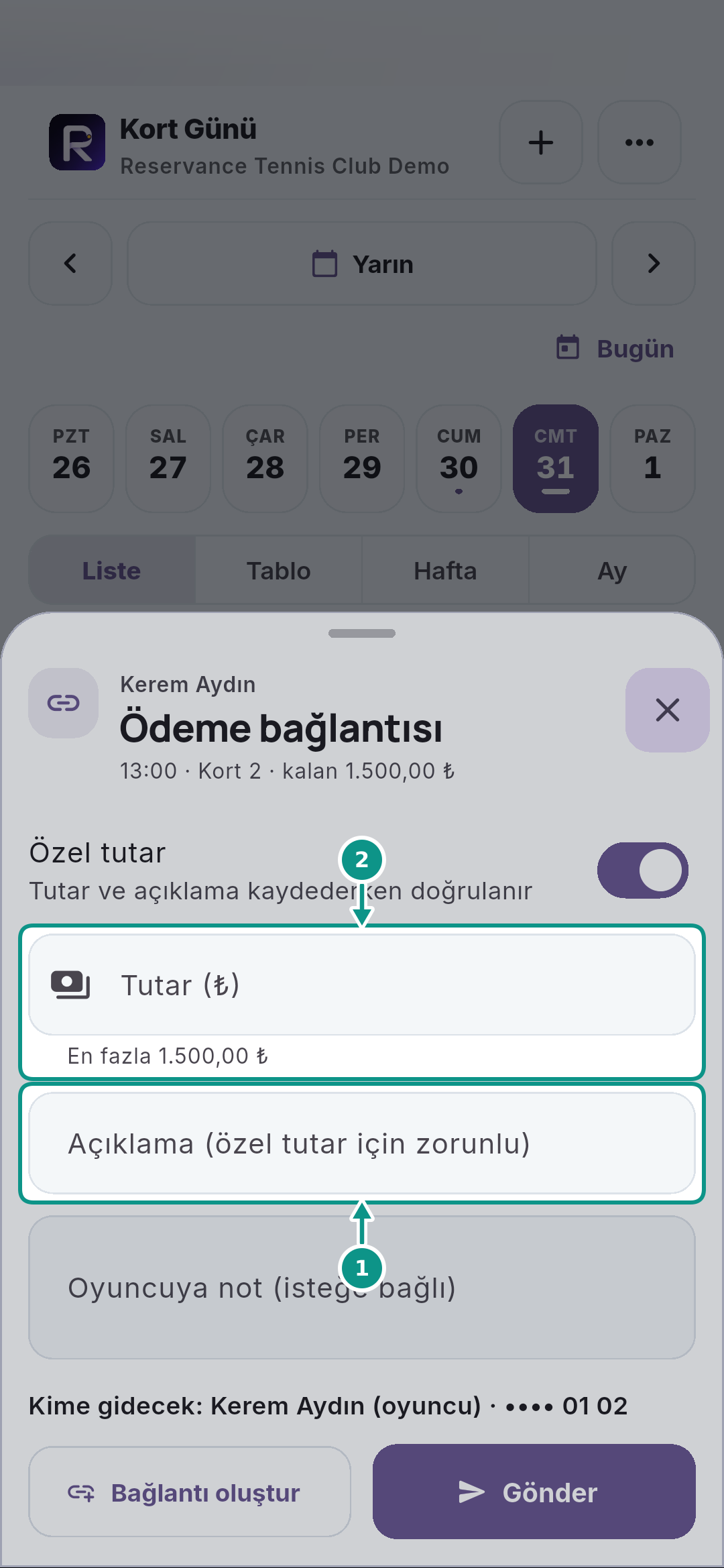 Tahsilat, kapora ve ödeme bağlantısını ayırmak: Açıklamayı kontrol edin
