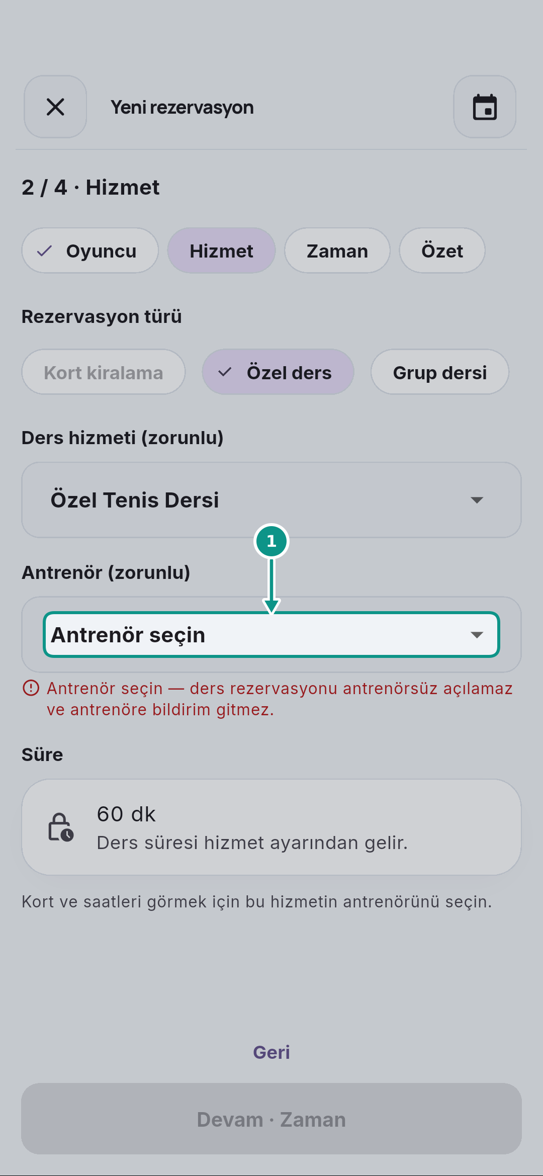 Özel ders rezervasyonu oluşturmak: Antrenör listesini açın