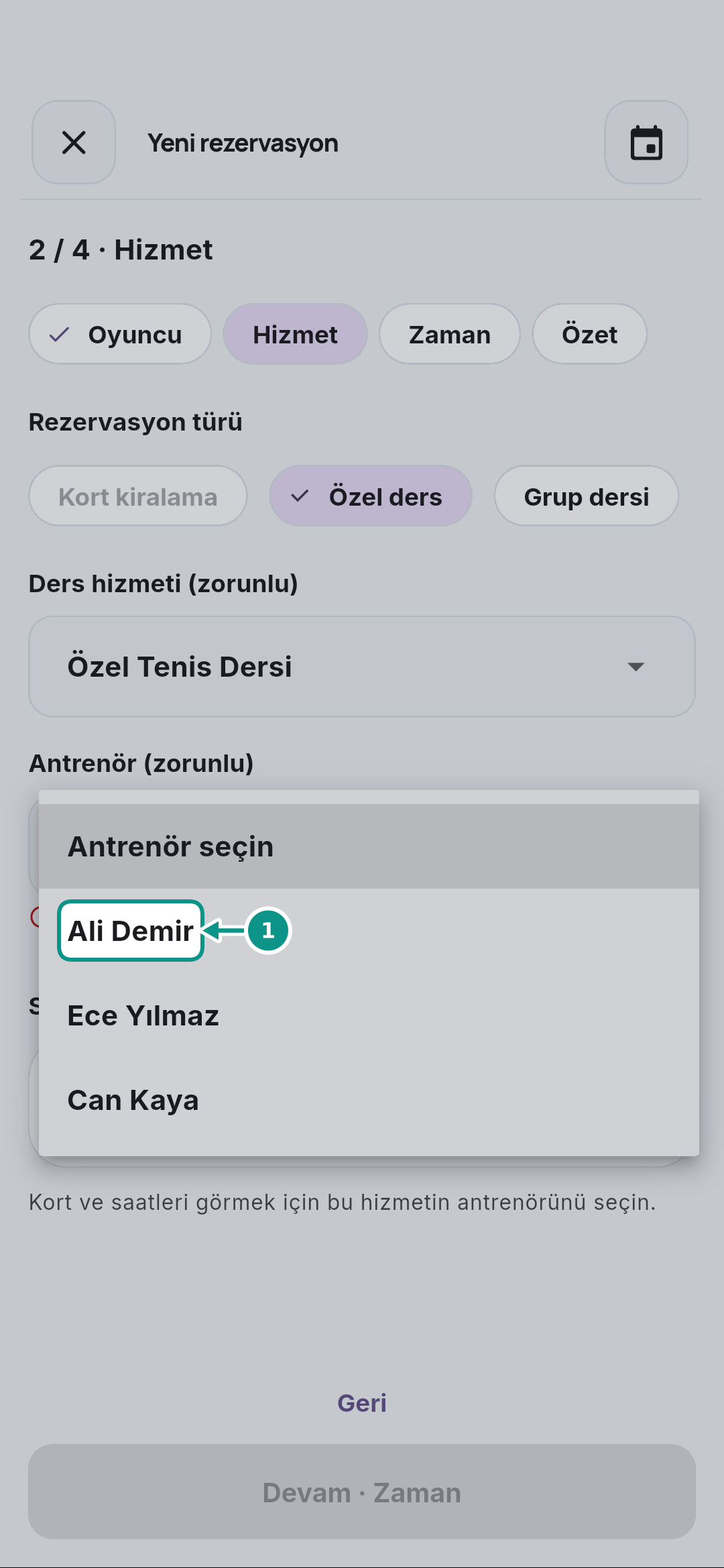 Özel ders rezervasyonu oluşturmak: Antrenörü seçin