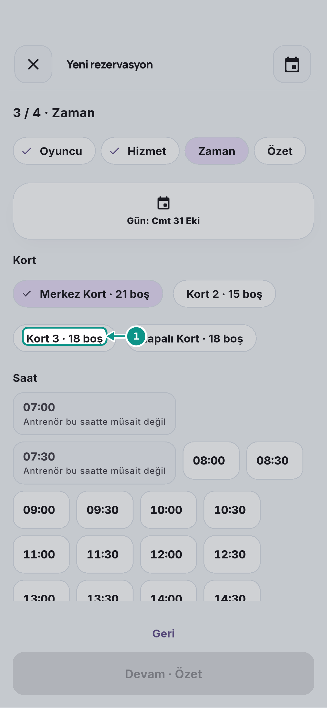Özel ders rezervasyonu oluşturmak: Kortu seçin