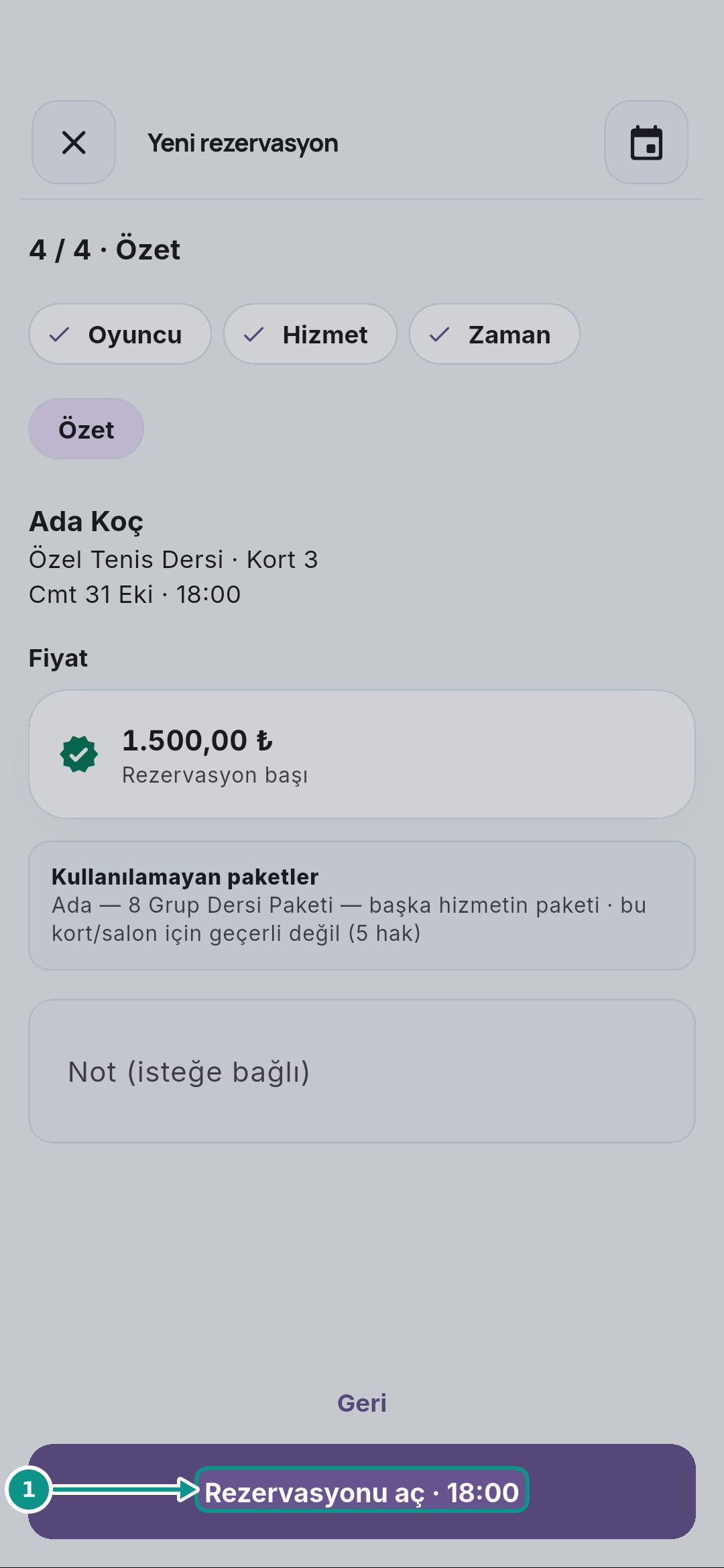 Özel ders rezervasyonu oluşturmak: Rezervasyonu kaydedin