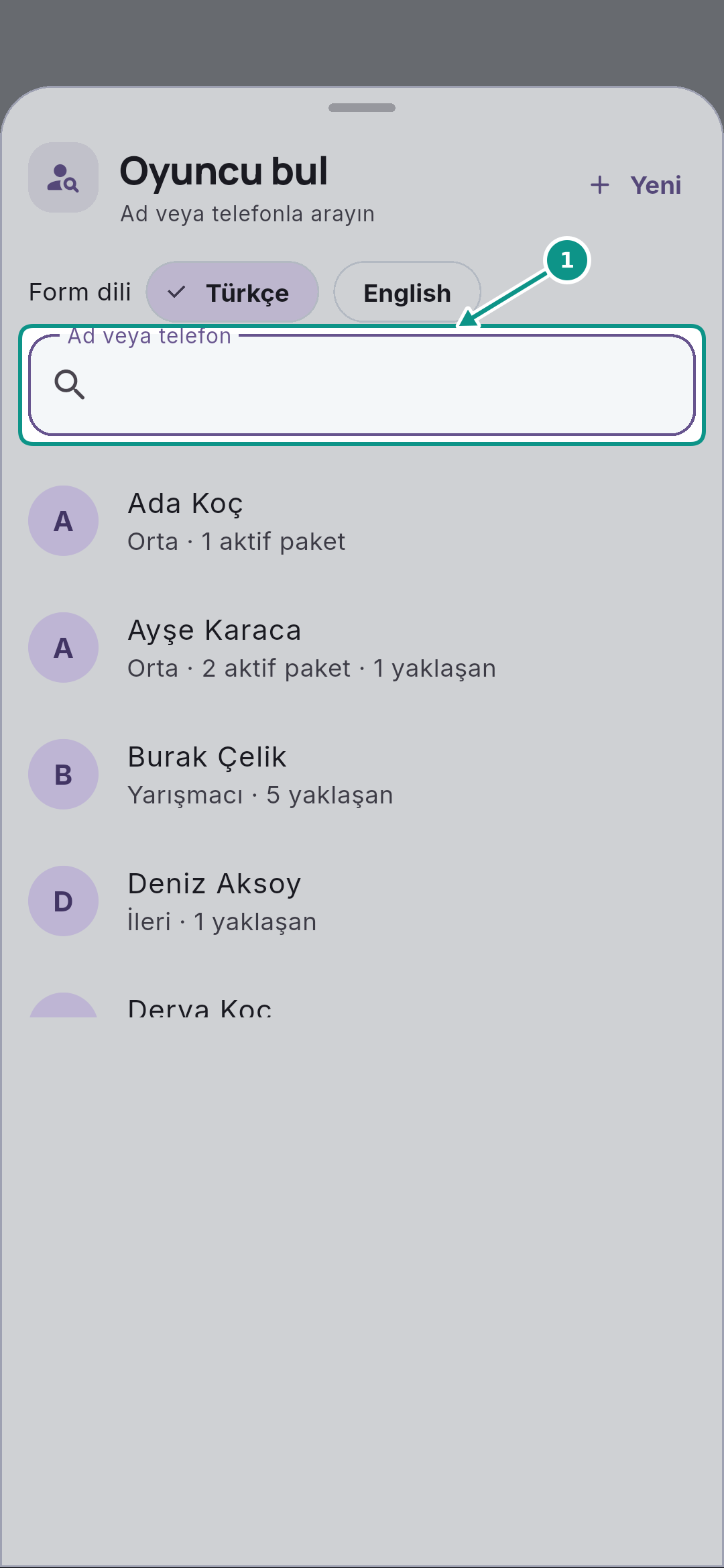 Özel ders rezervasyonu oluşturmak: Oyuncuyu arayın