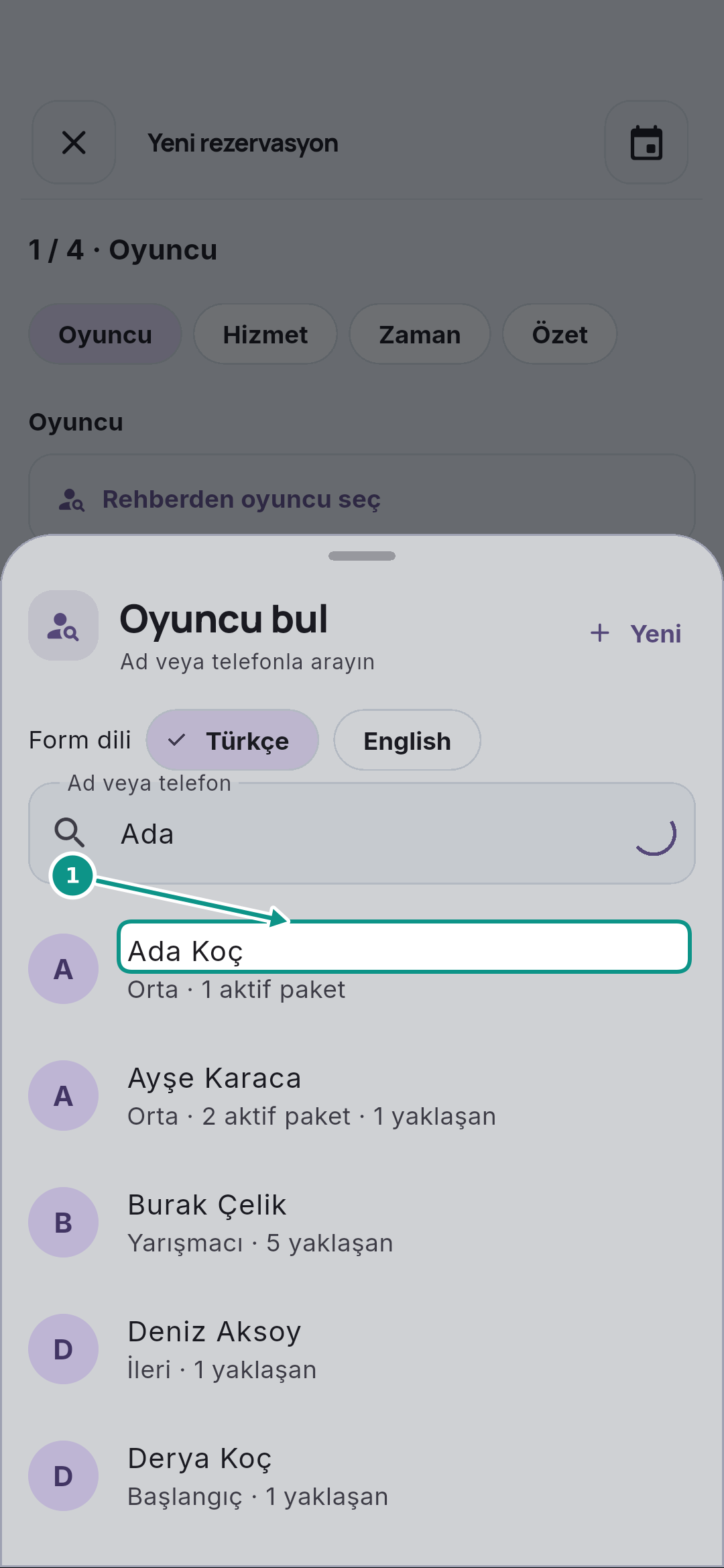 Özel ders rezervasyonu oluşturmak: Doğru kaydı seçin