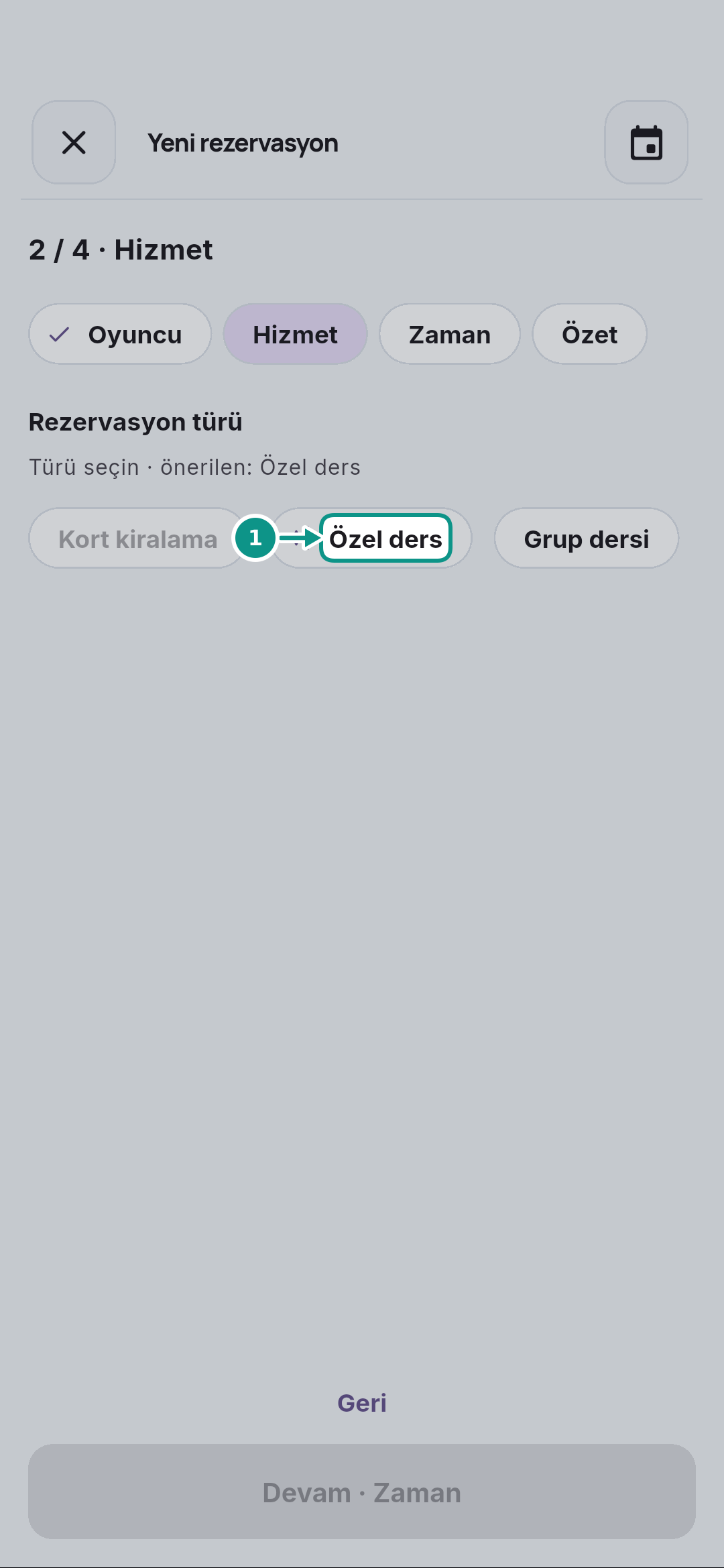 Özel ders rezervasyonu oluşturmak: Özel dersi seçin