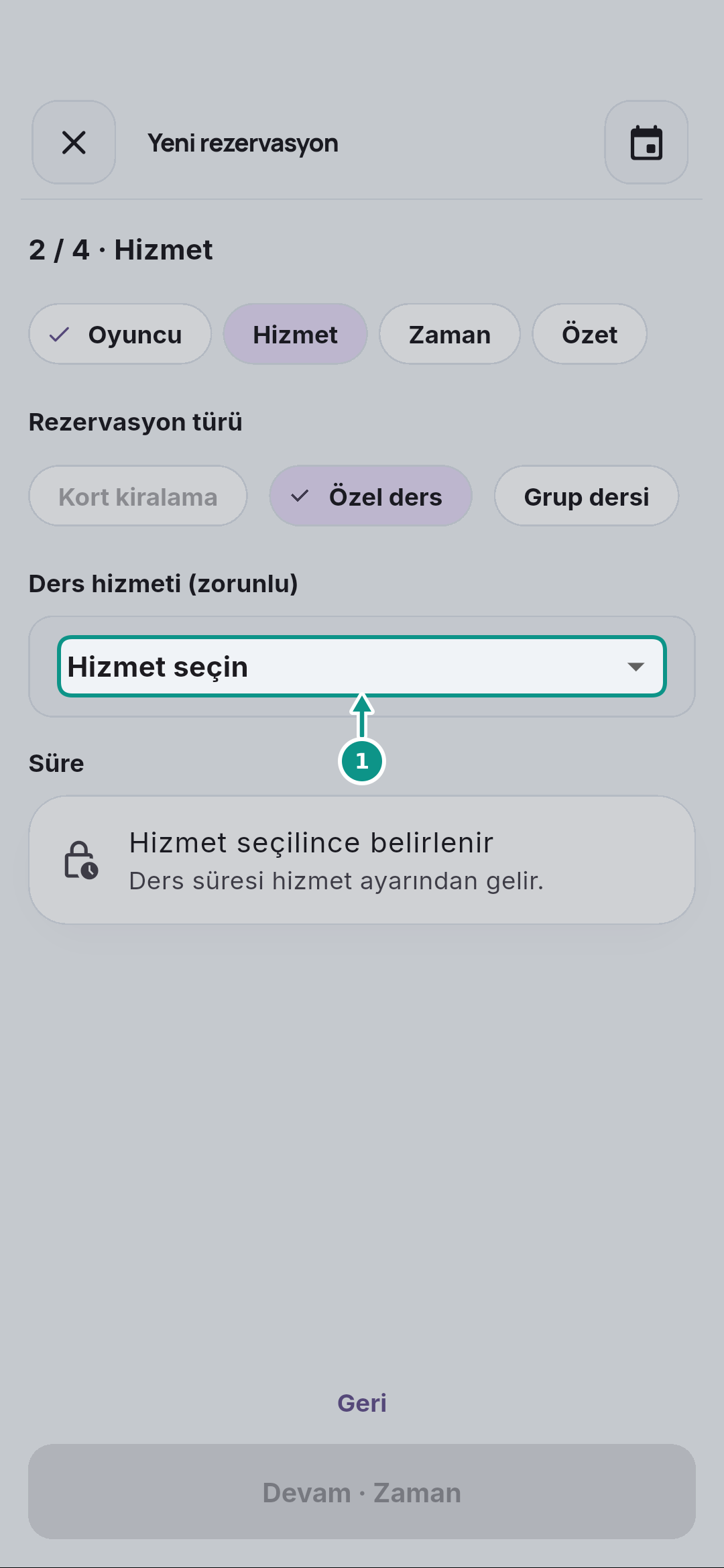 Özel ders rezervasyonu oluşturmak: Hizmet listesini açın