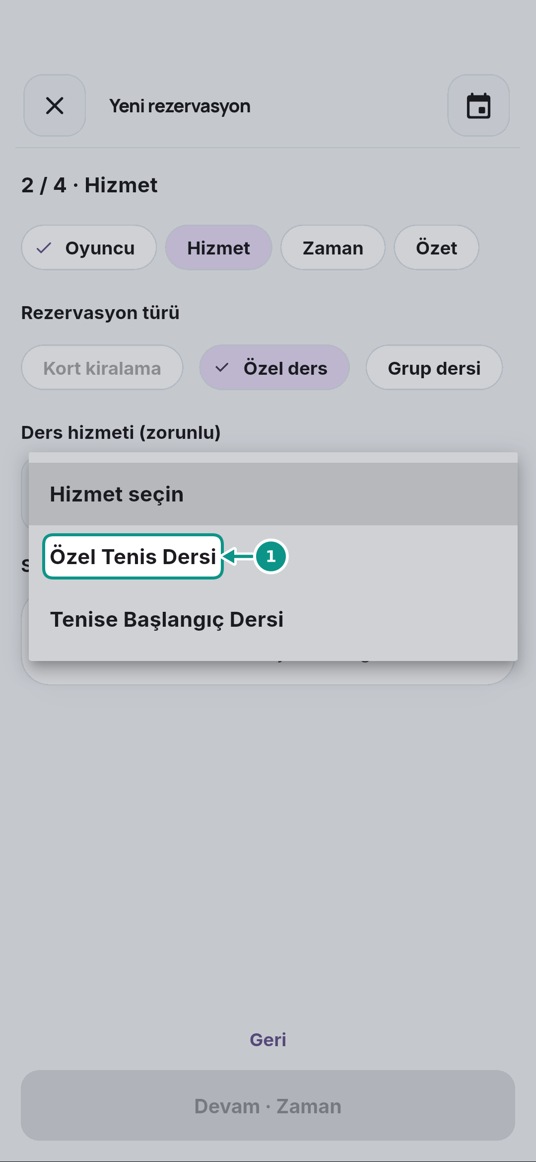 Özel ders rezervasyonu oluşturmak: Dersi belirleyin