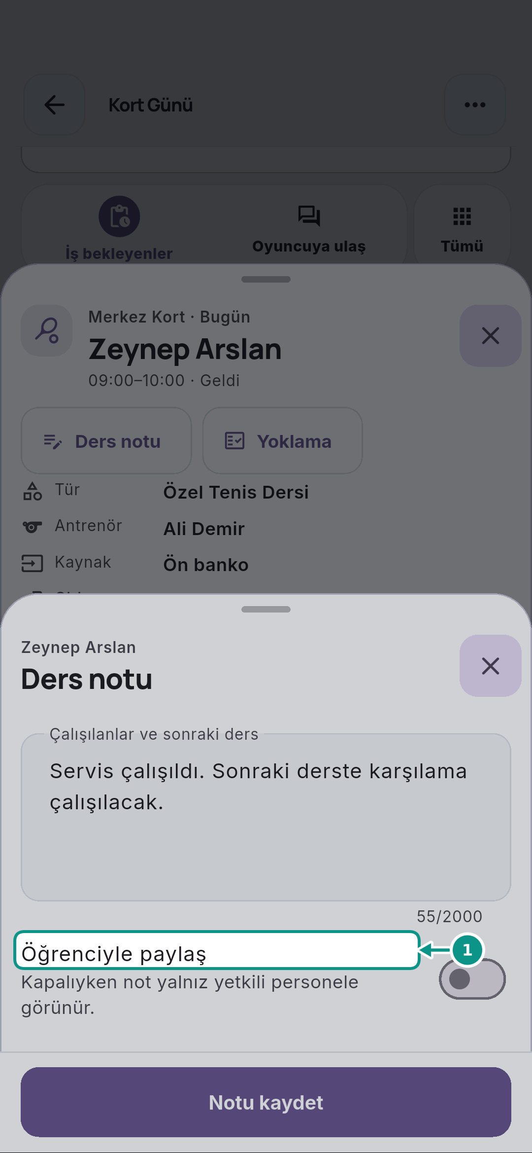 Özel ders yoklamasını ve ders notunu kaydetmek: Paylaşım seçimini okuyun