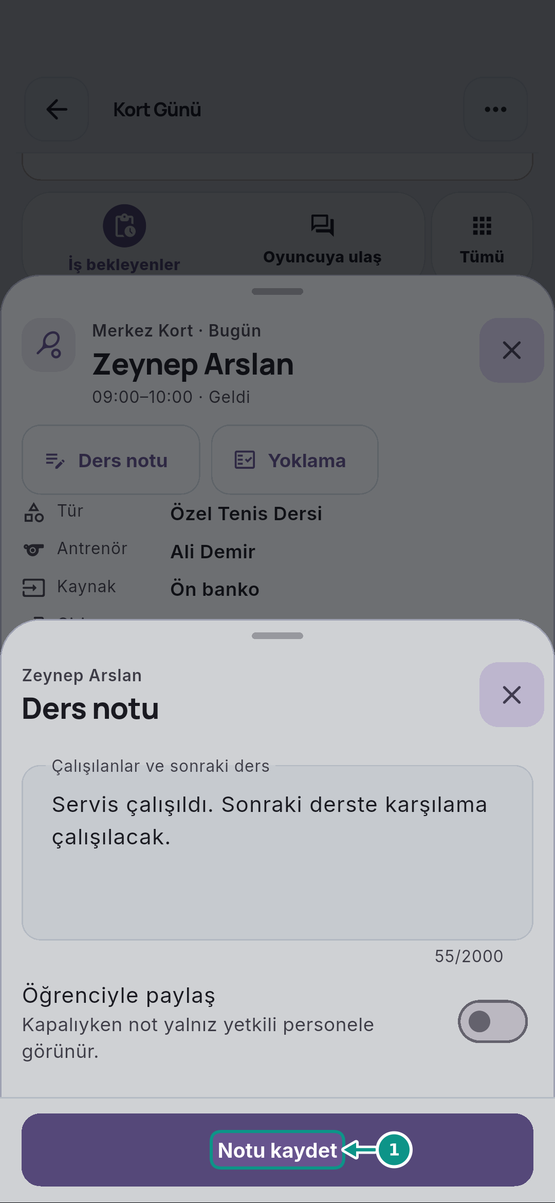 Özel ders yoklamasını ve ders notunu kaydetmek: Notu kaydedin