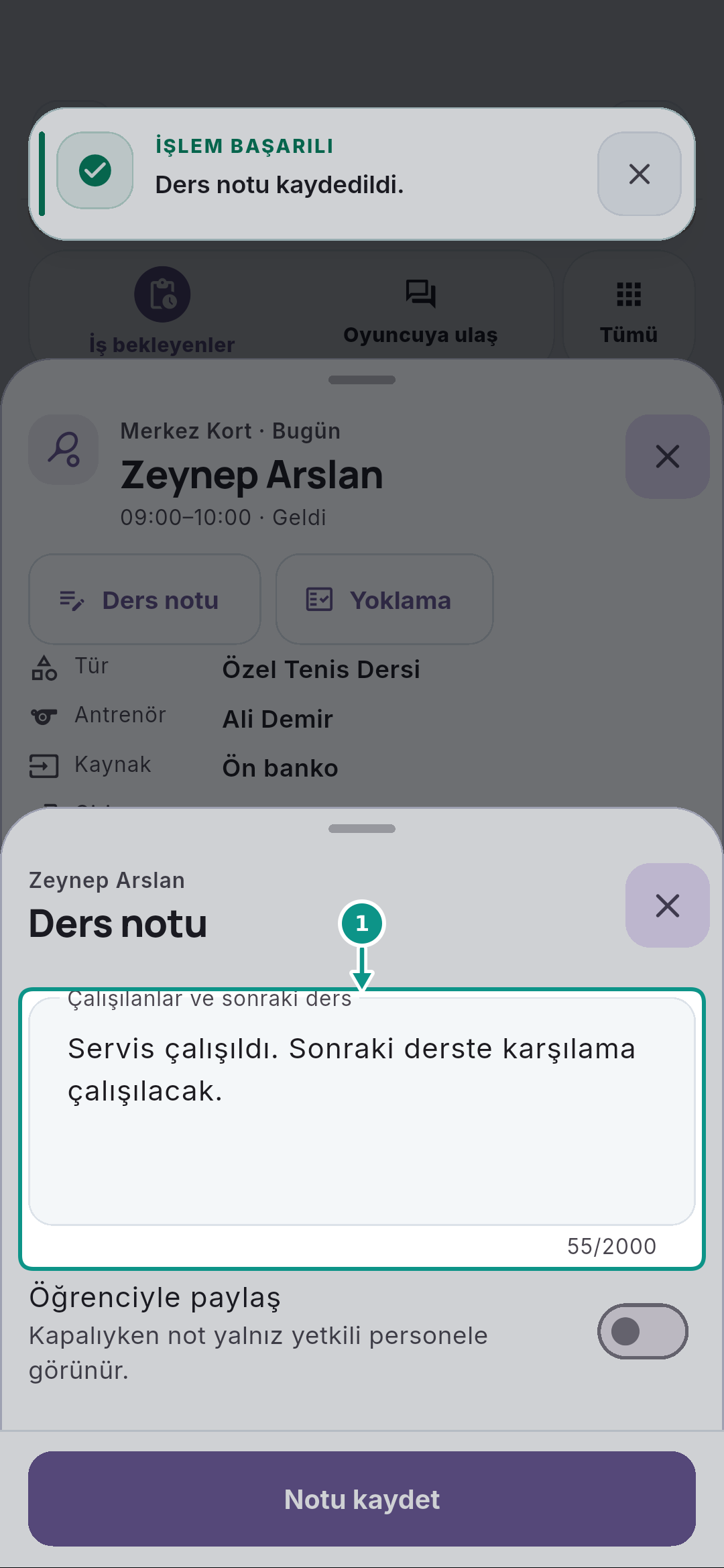 Özel ders yoklamasını ve ders notunu kaydetmek: Ders odağını doğrulayın