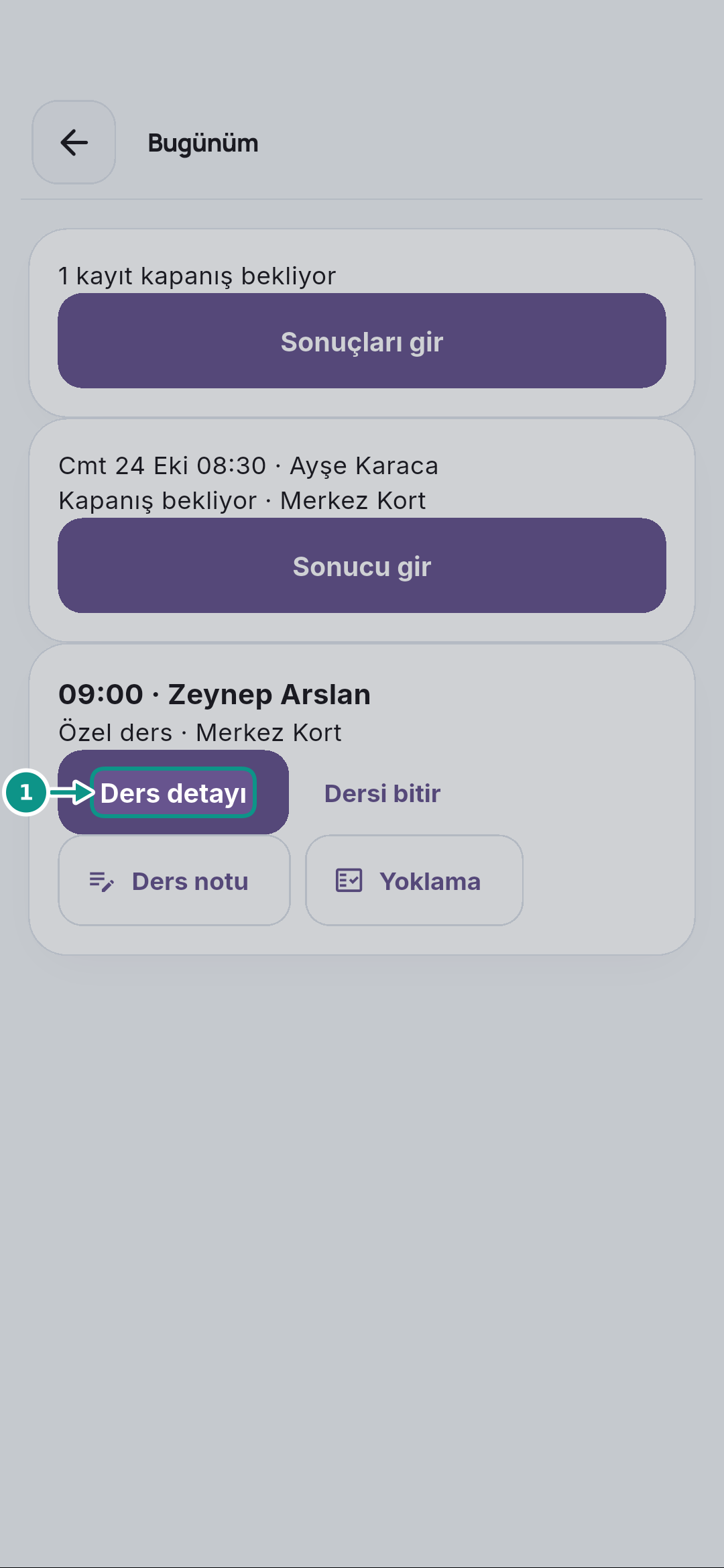Özel ders yoklamasını ve ders notunu kaydetmek: Ders ayrıntısına girin