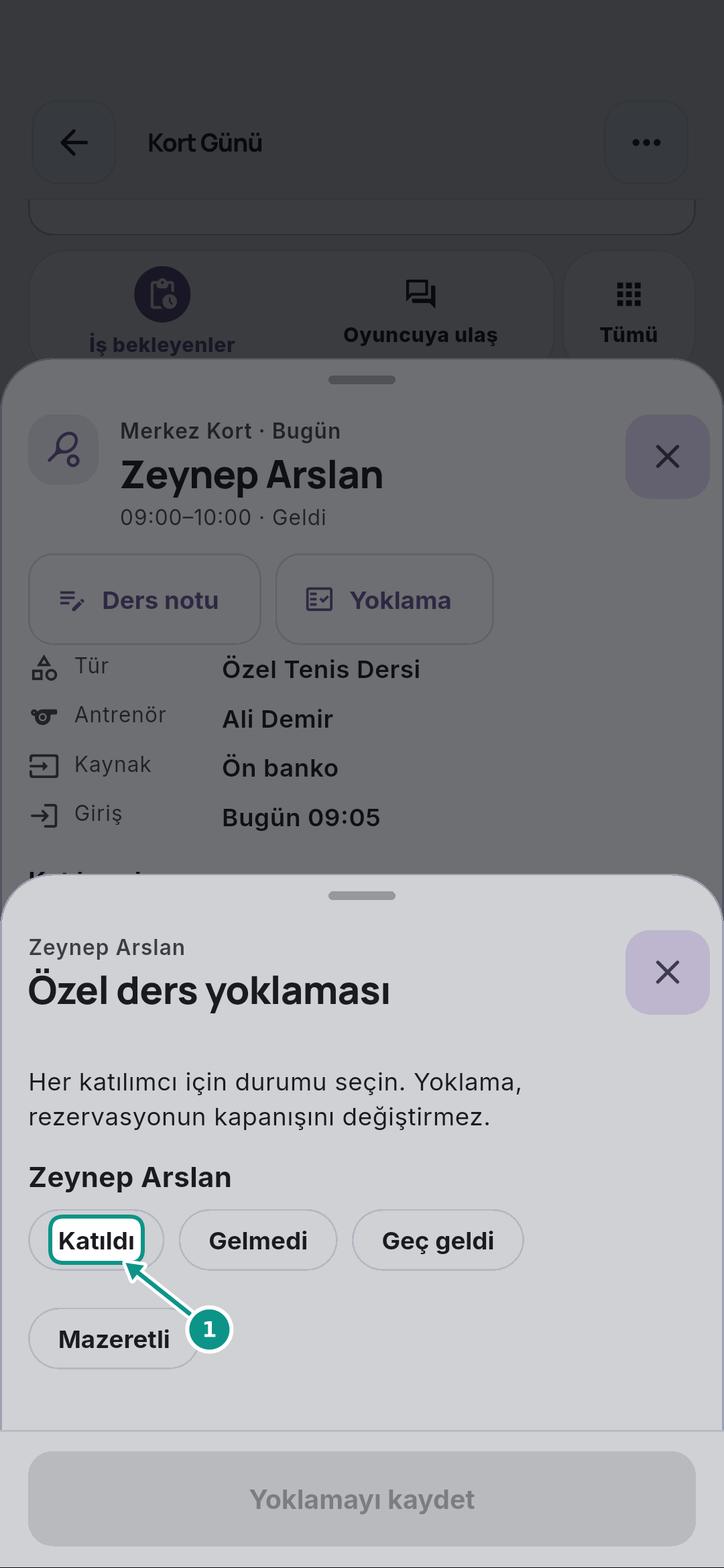 Özel ders yoklamasını ve ders notunu kaydetmek: Katılım durumunu seçin
