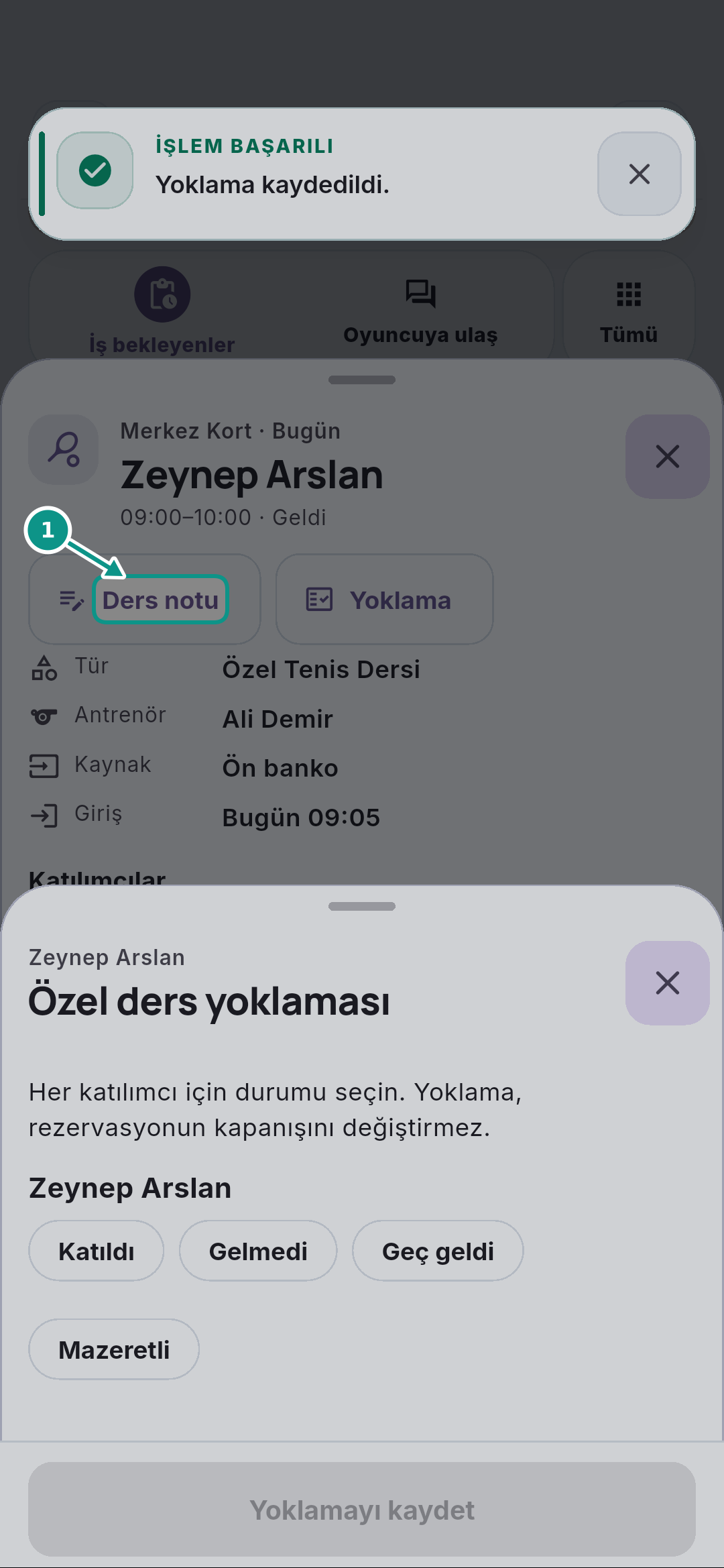 Özel ders yoklamasını ve ders notunu kaydetmek: Not alanını açın