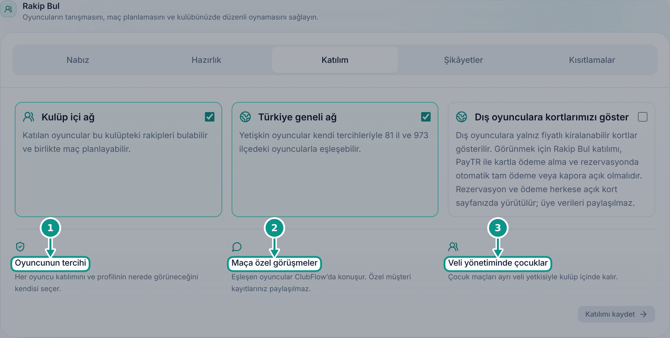 Rakip Bul katılımını ve yönetim ekranını tanımak: Oyuncunun tercihini gözetin
