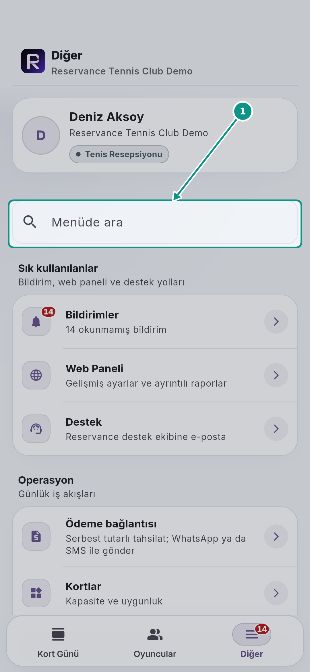 Reservance Partner: giriş ve günlük çalışma: Menüde arayın