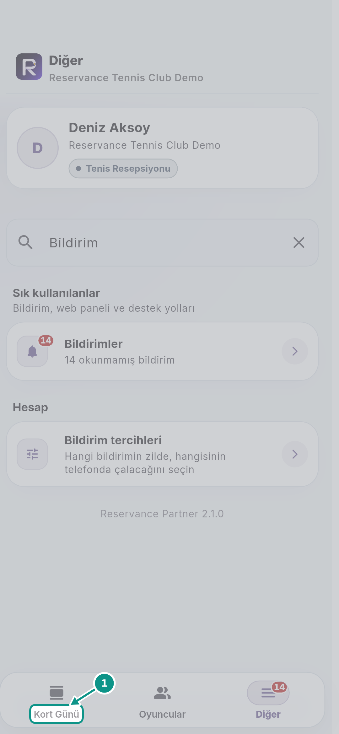 Reservance Partner: giriş ve günlük çalışma: Kort gününe geçin