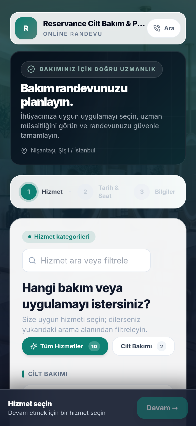 Reservance güzellik işletmesinin gerçek mobil online randevu sayfası.