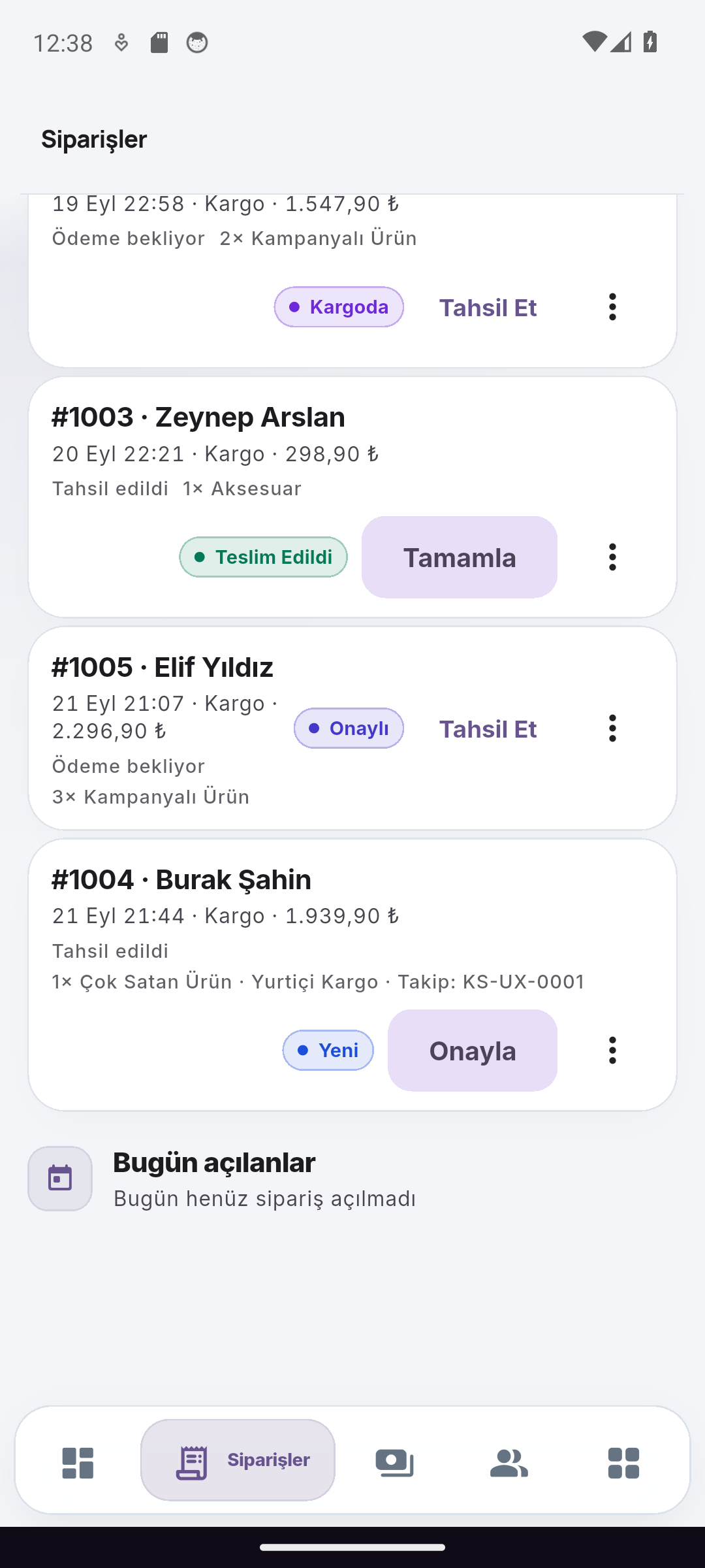Reservance Partner gerçek e-ticaret siparişlerinde teslimat ve tahsilat durumları.