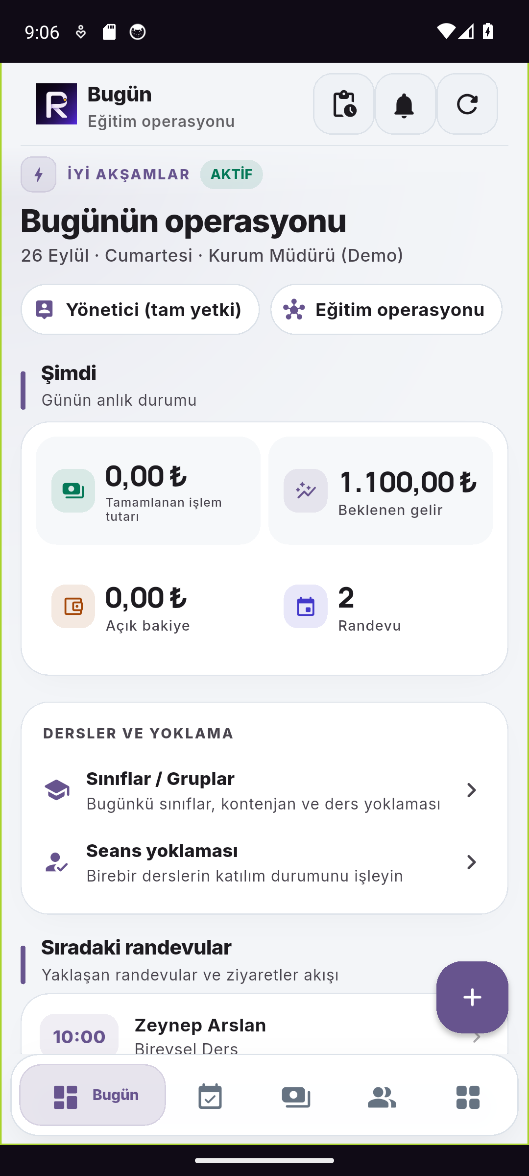 Reservance Partner eğitim kurumunun Bugün ekranında sınıf, grup ve seans yoklaması girişleri.