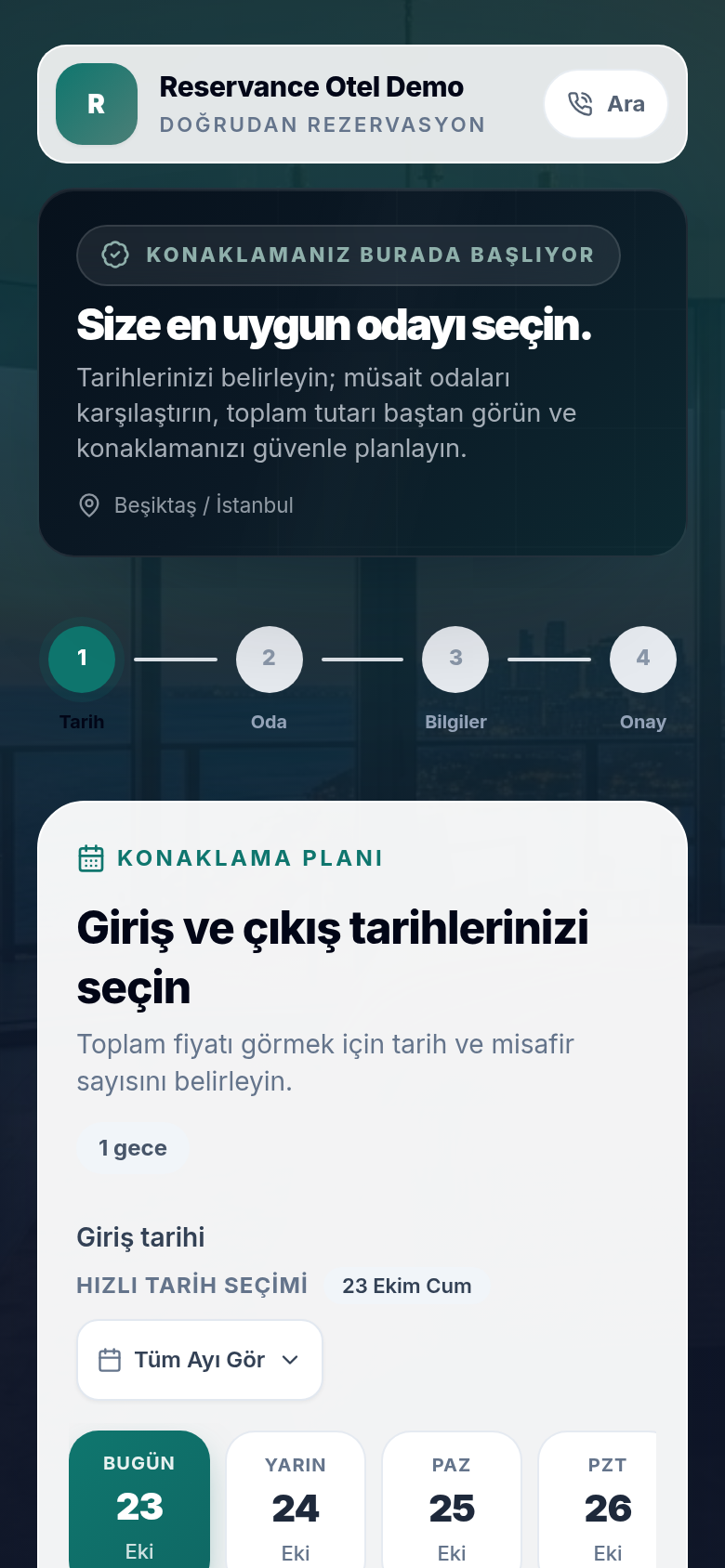Reservance Otel gerçek mobil web sayfasında giriş, çıkış ve misafir sayısı seçimi.