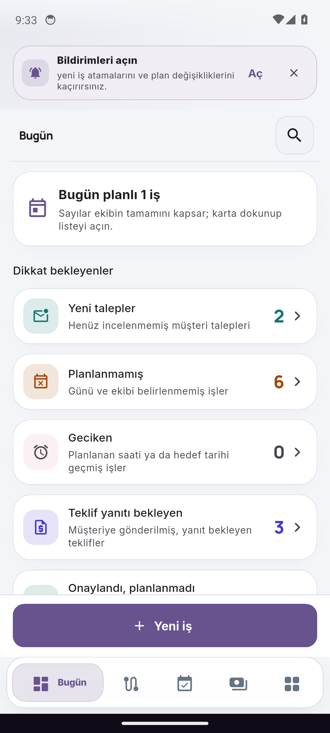 Reservance Partner saha yönetiminde yeni talepler, planlanmamış işler ve teklif takibi.