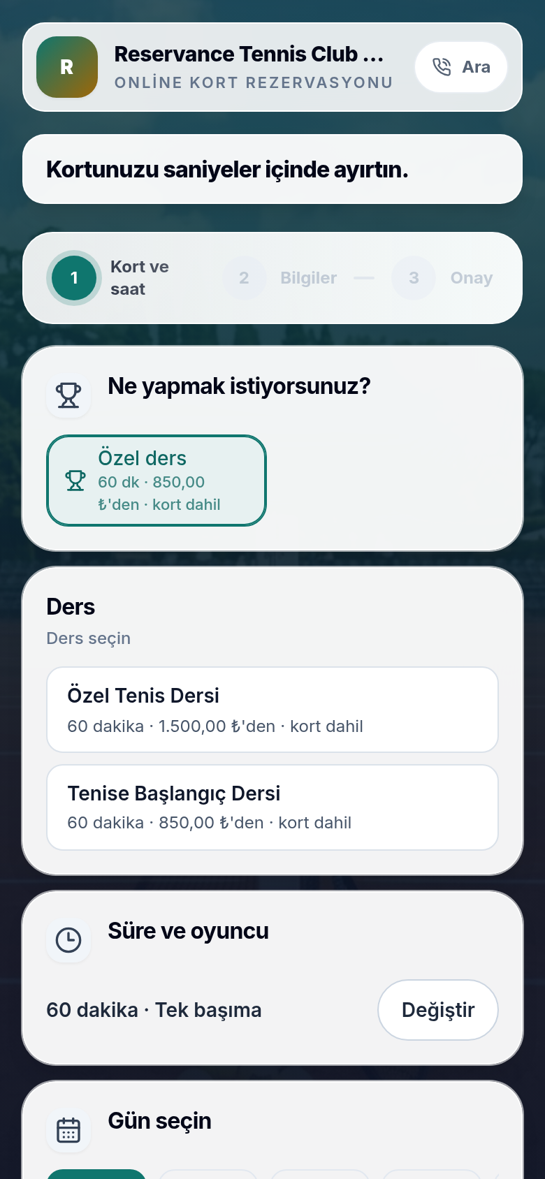 Reservance tenis işletmesinin gerçek mobil ders ve kort rezervasyon sayfası.